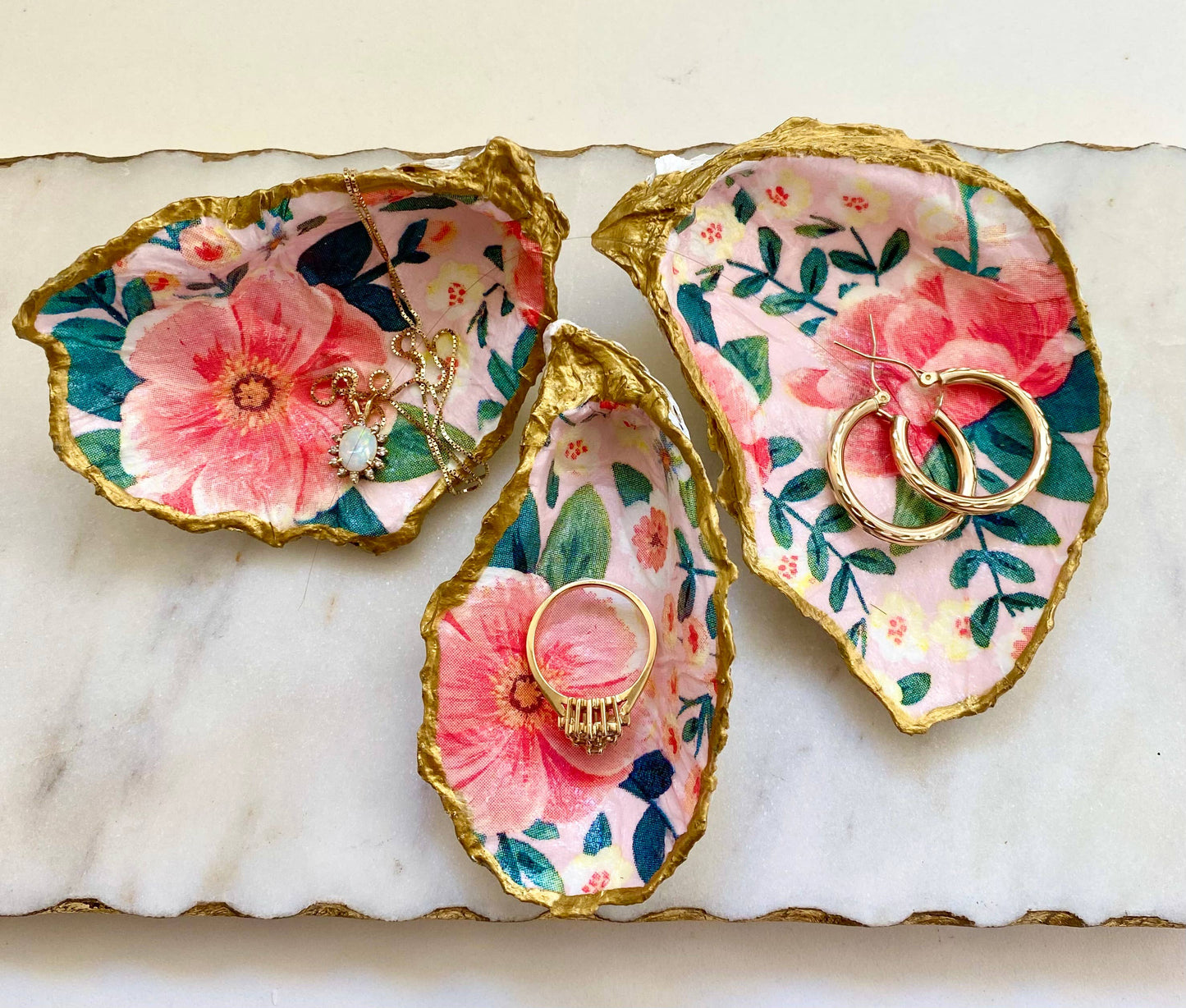 Small Peony Print Oyster Shell Jewelry Dish