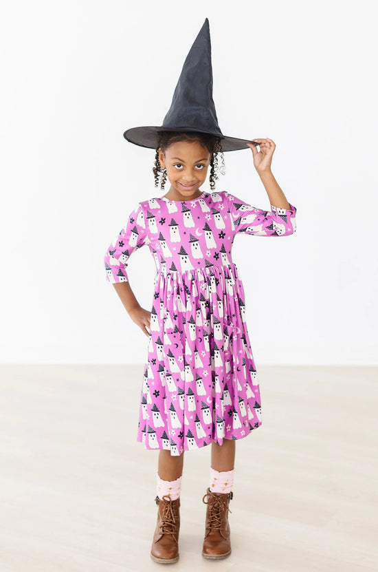 Purple Witches Boo 3/4 Sleeve Pocket Twirl Dress