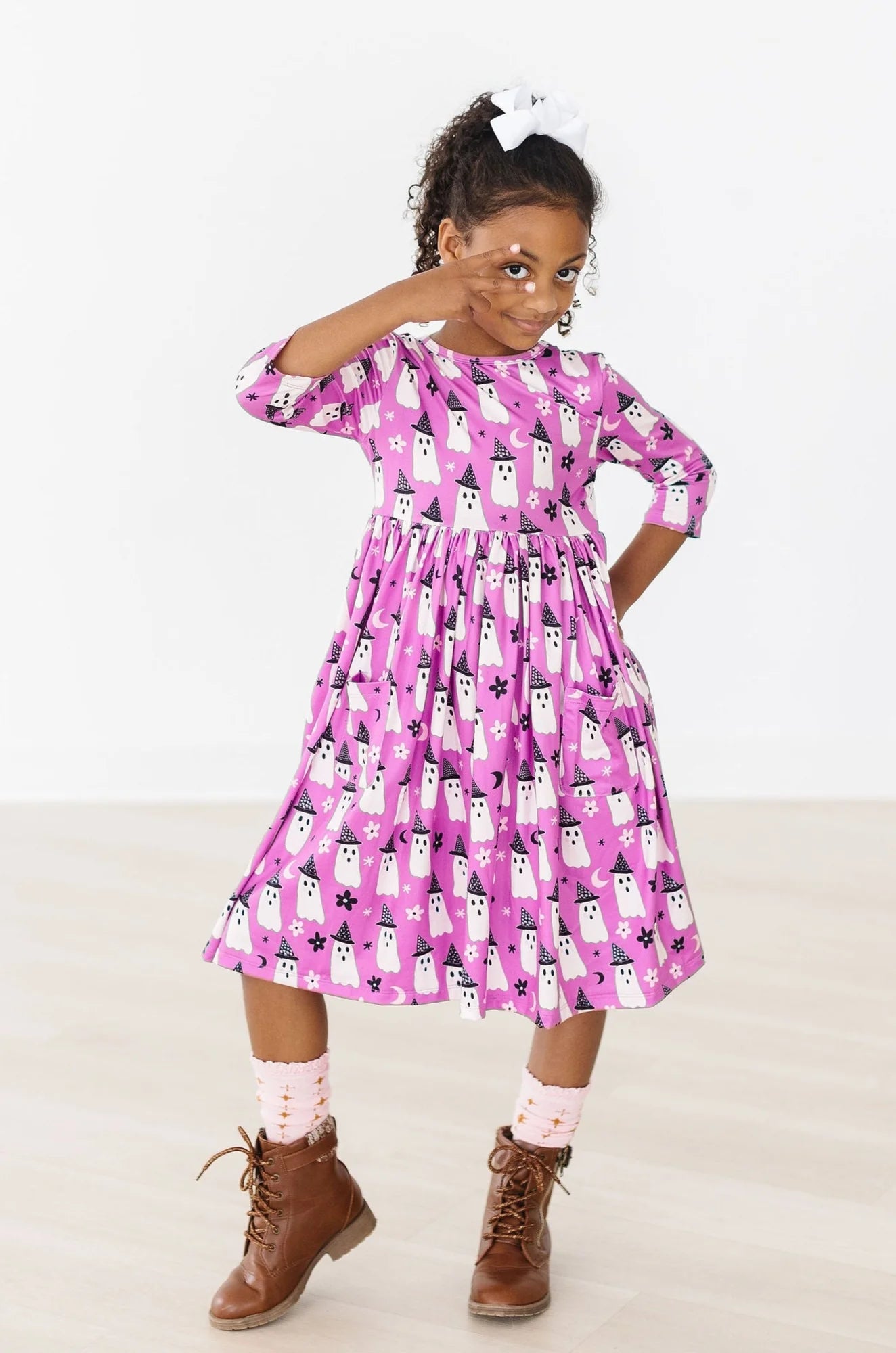 Purple Witches Boo 3/4 Sleeve Pocket Twirl Dress