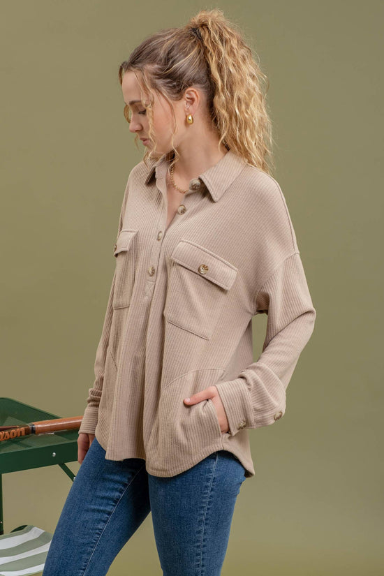 HALF BUTTON SIDE POCKET KNIT TOP: TAUPE