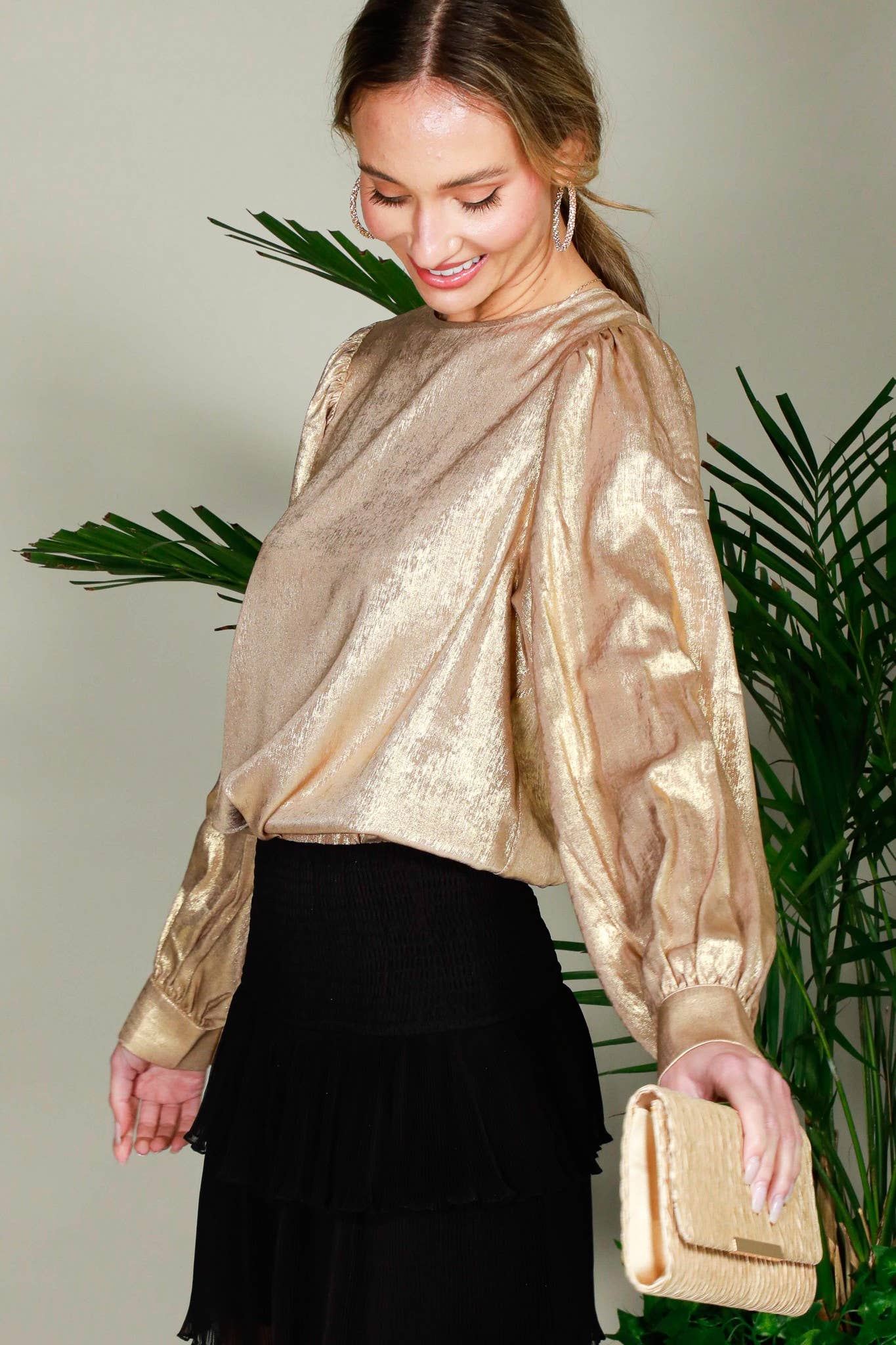 Long Balloon Sleeve Round Neck Metallic Woven Blouse