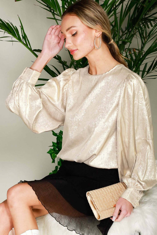 Long Balloon Sleeve Round Neck Metallic Woven Blouse