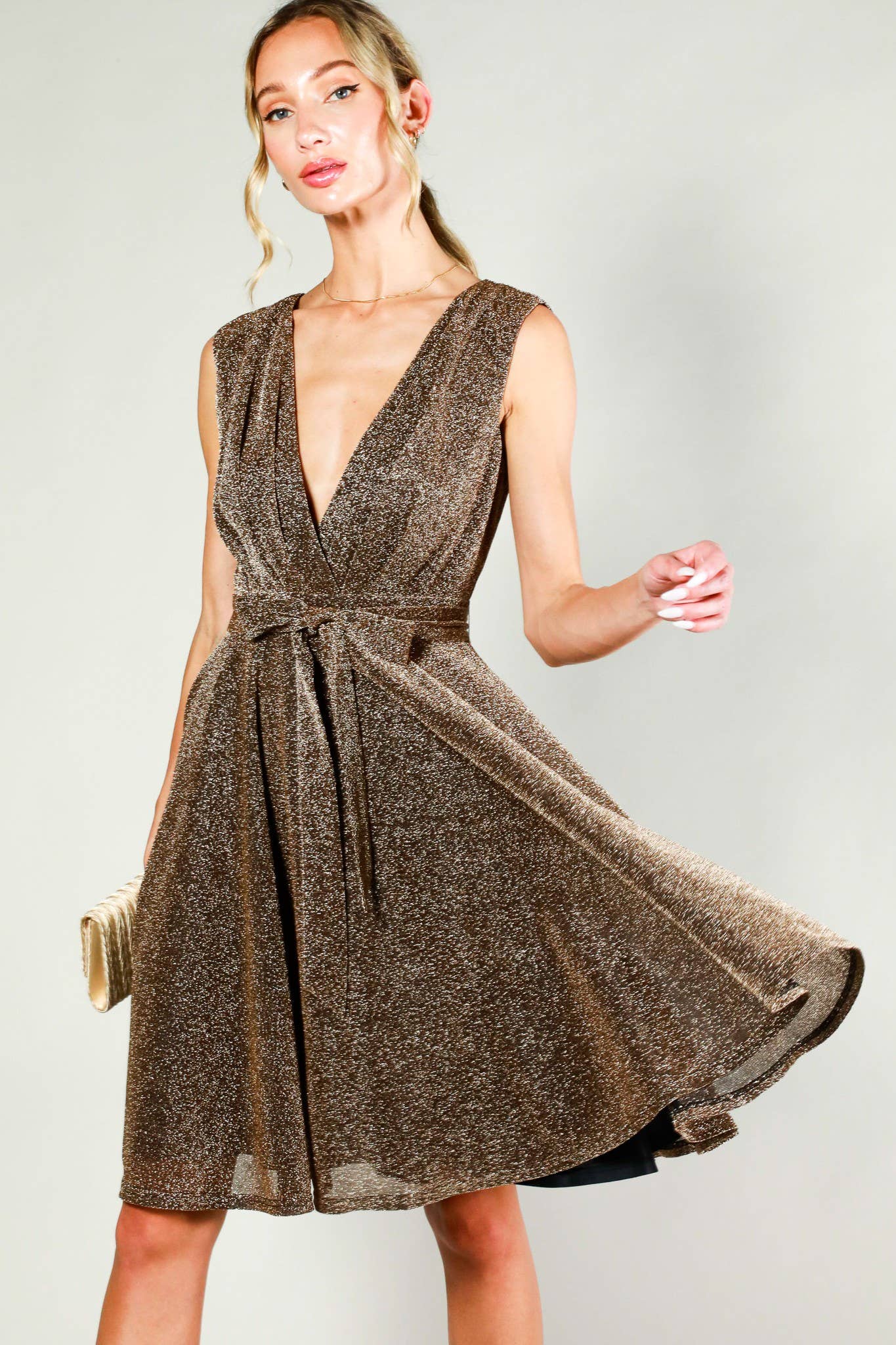 Surplice V-neck Sleeveless Tie Waist Dress in Bronze