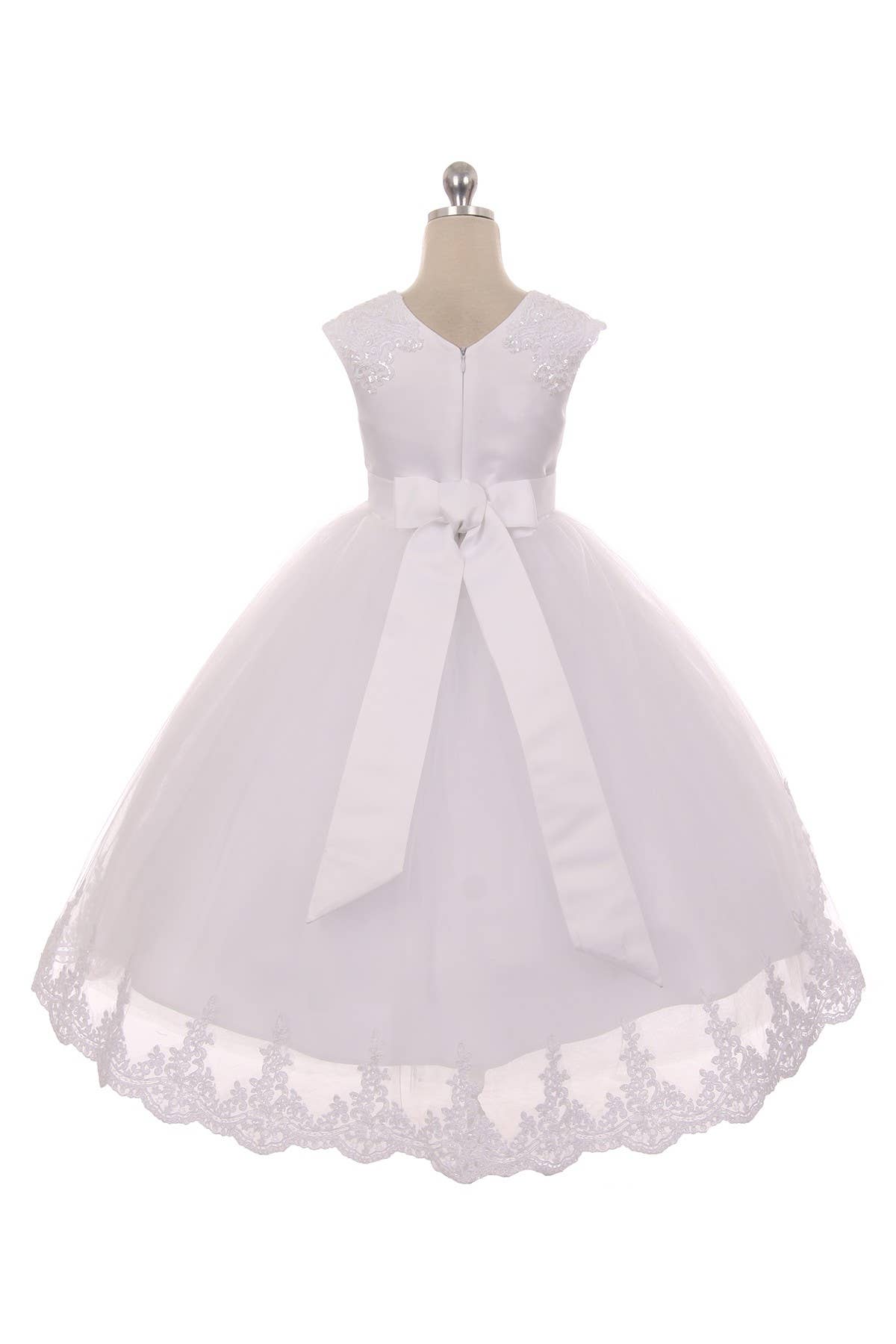 Lace Appliqué Swoop Train Dress: White