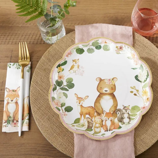 Critter Family Woodland Baby 9" Premium Paper Plates Pink (Set of 16)