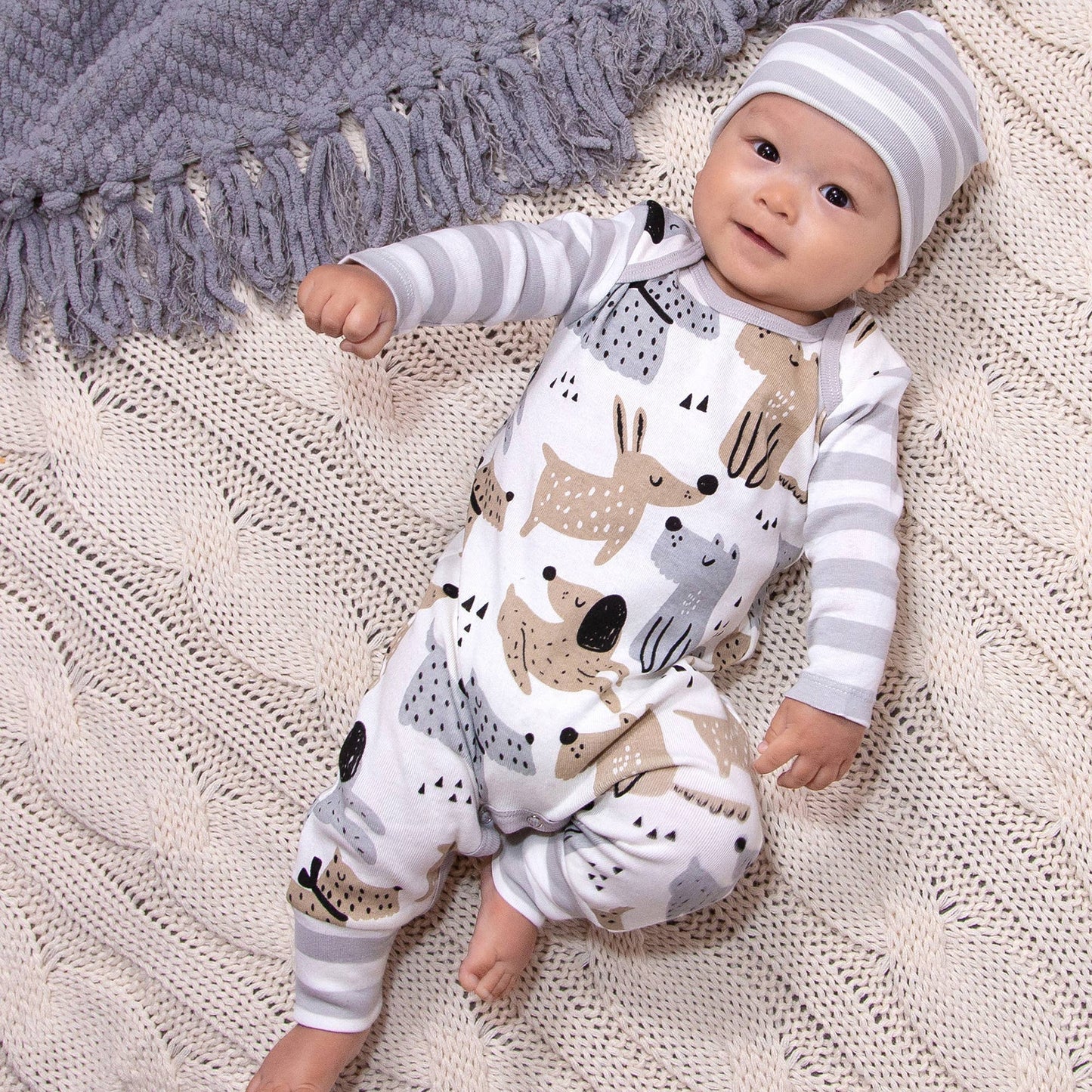 Baby Boy's Puppy Dogs Cotton Romper: Grey/Tan