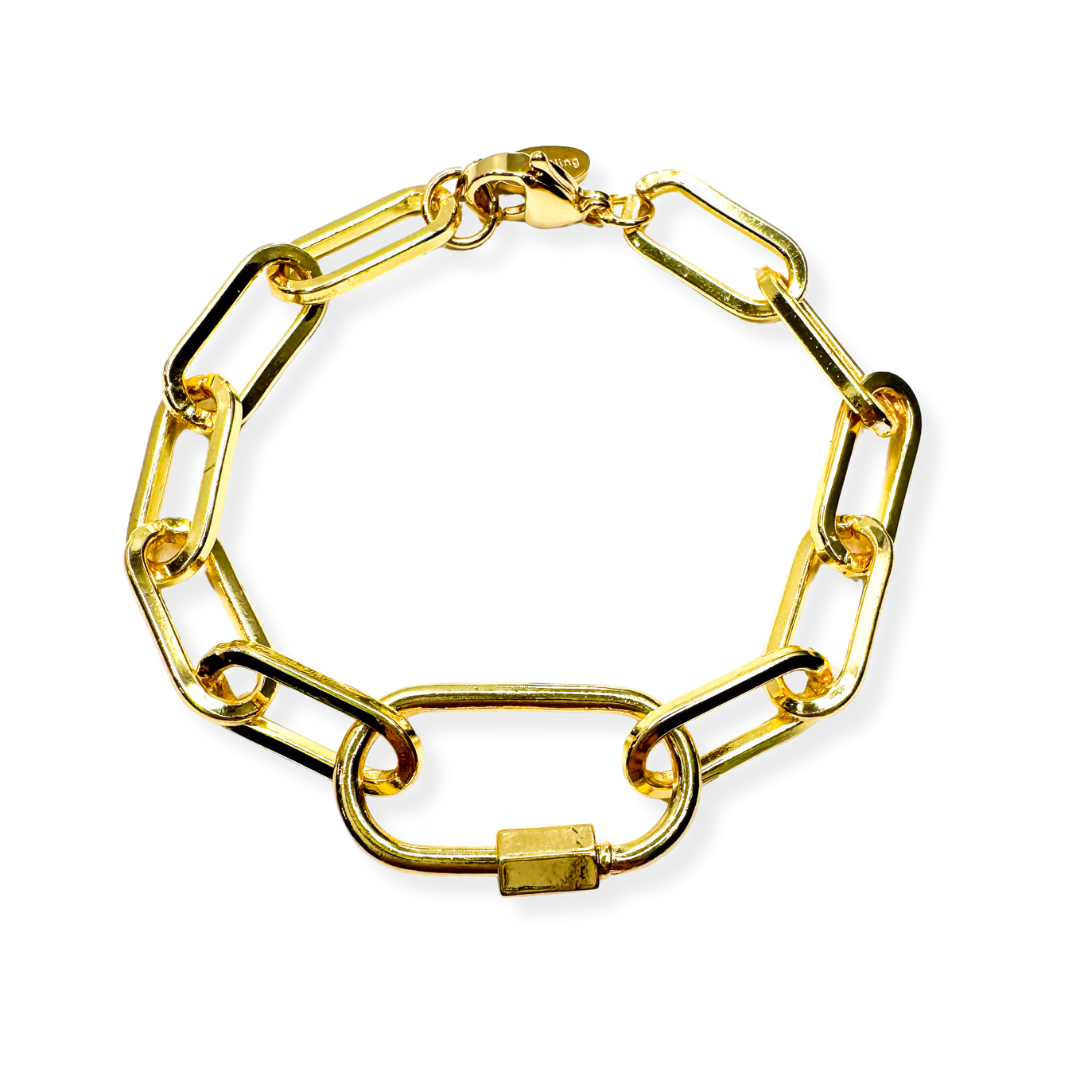 Lg Smooth Gold Carabiner Clasp Paperclip Charm Bracelet