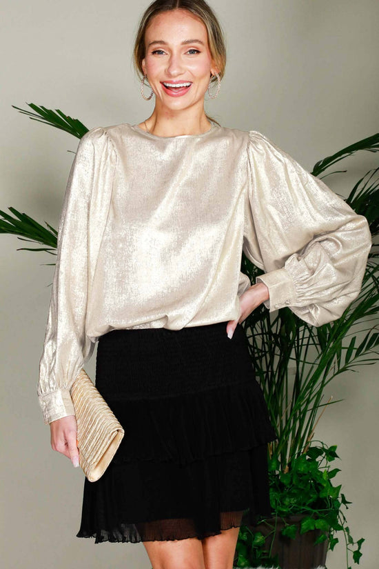 Long Balloon Sleeve Round Neck Metallic Woven Blouse