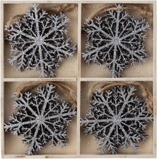 Set/8 Silver Painted Wood Snowflake Ornaments