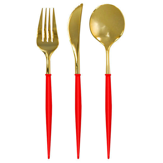 Red & Gold Assorted Plastic Cutlery Set/24 for 8 Place Settings