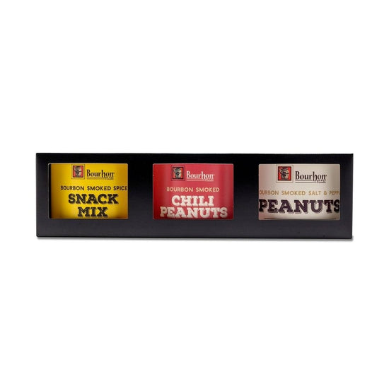 Bourbon Smoked Snack Trio – Salt And Pepper Peanuts, Snack Mix, Chili Peanuts