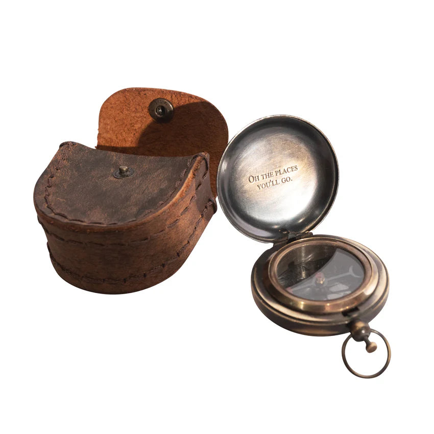 Oh The Places You'll Go Push Button Compass with Leather Pouch