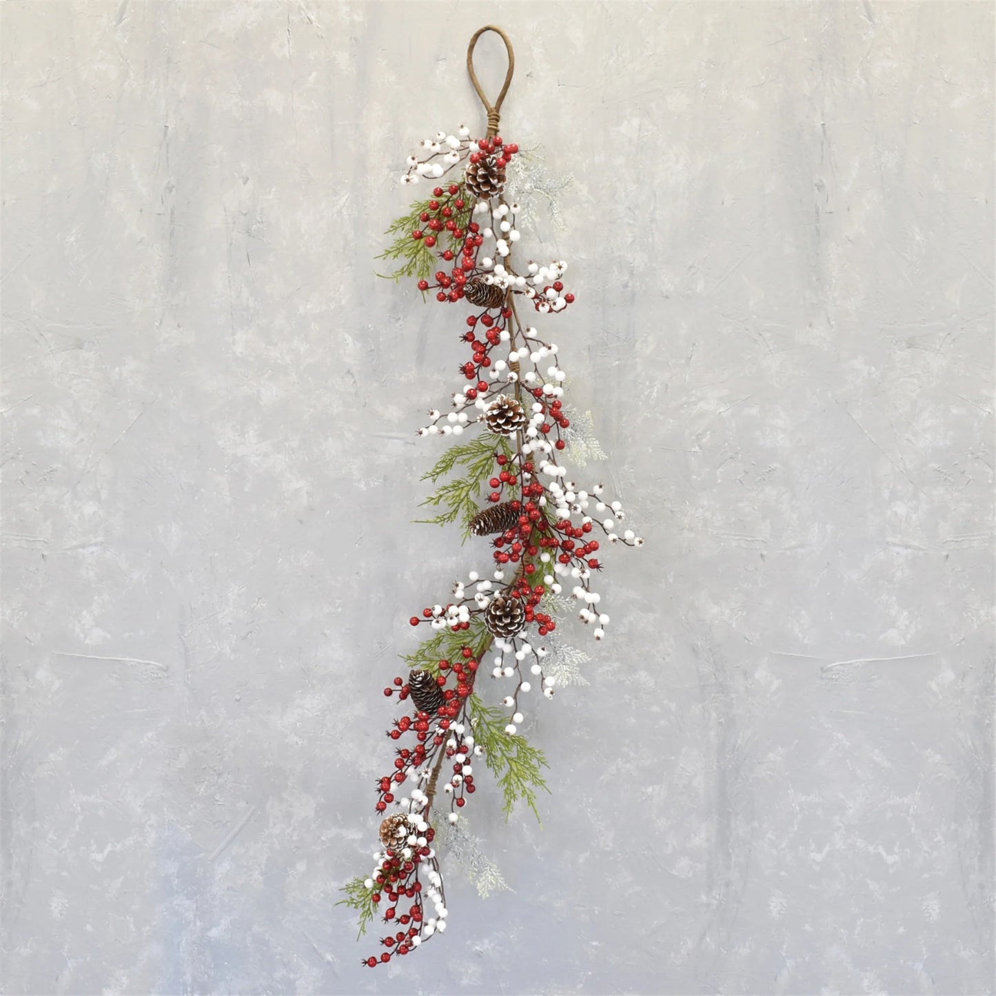 Snow Touched Cypress, Cedar, Pinecone Garland With Red And White Berries - Red White Green 54"