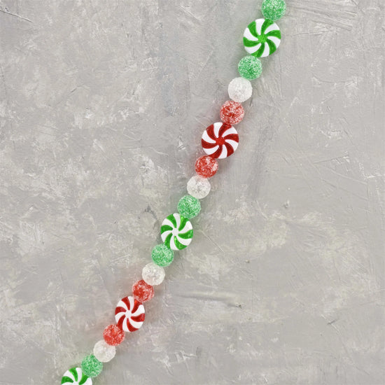 Frosted Peppermint Candy And Ball Garland 6' in Red Green White