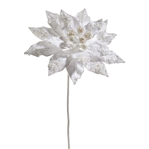 18" Glittered White Poinsettia Pick