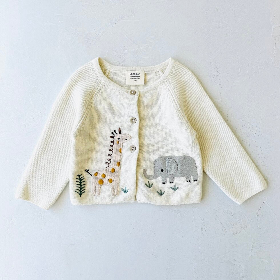 Organic Animal Safari Embroidered Baby Cardigan Sweater