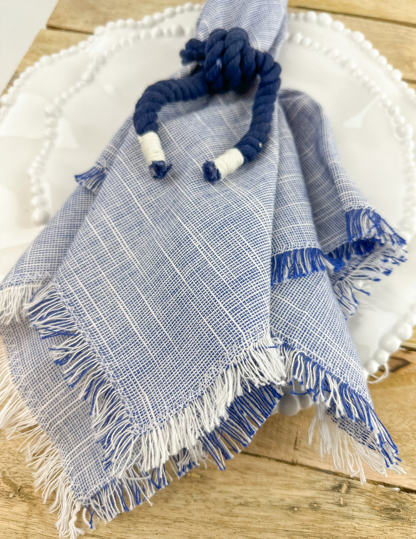 Set/4 Two Tone Fringe Napkin in Blue or Tan