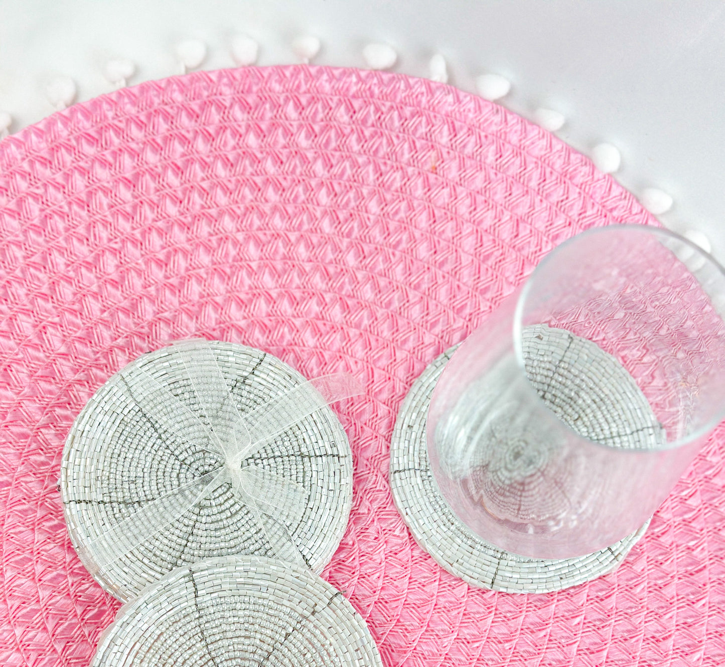 S/4 White Beaded Coasters