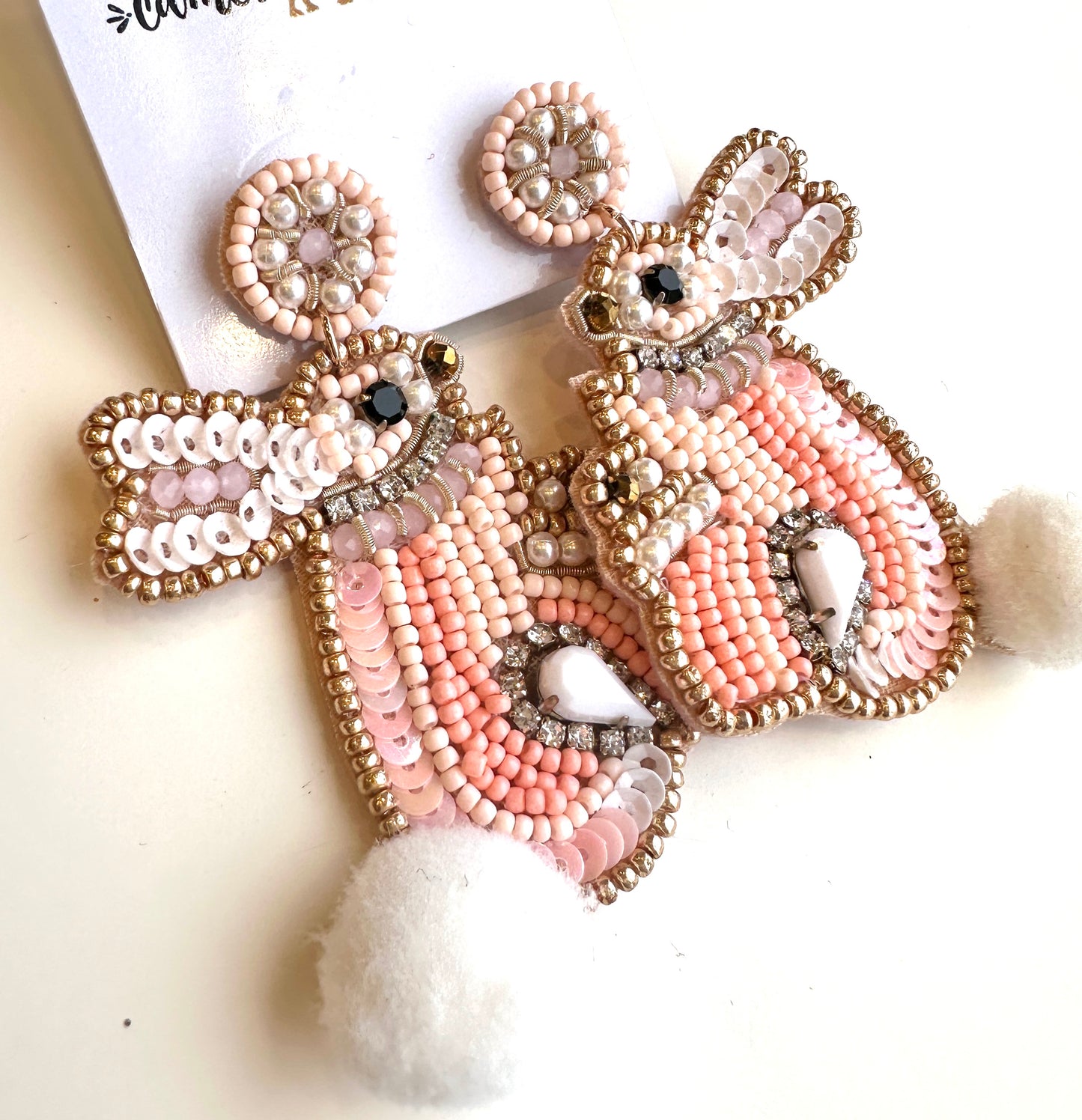 Pastel Coral Bunny Beaded & Embellished Earrings
