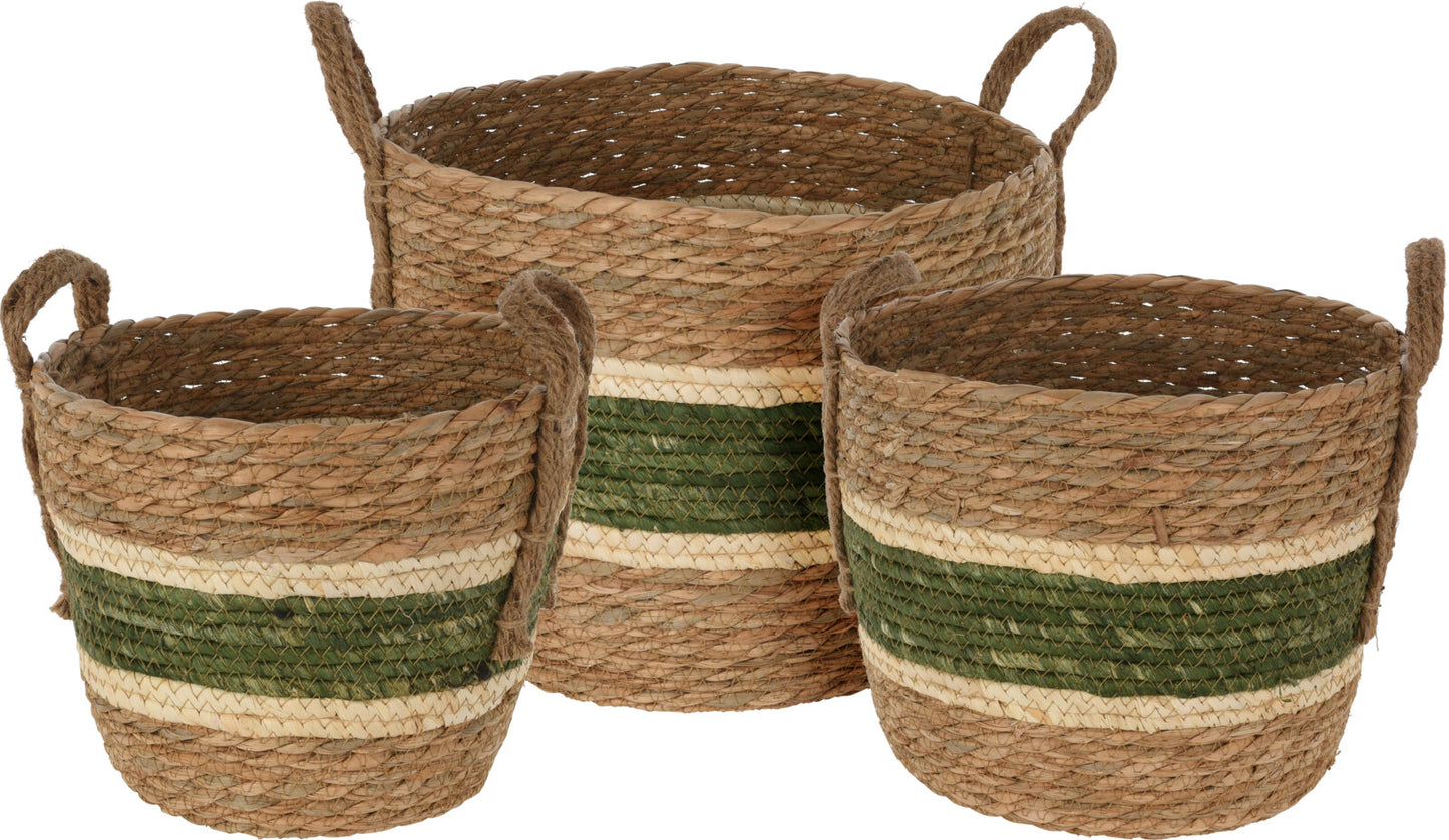 Green Stripe Straw Baskets