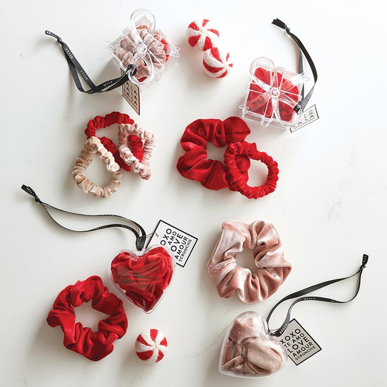 Set/5 Red Velvet Present Ornament Scrunchies