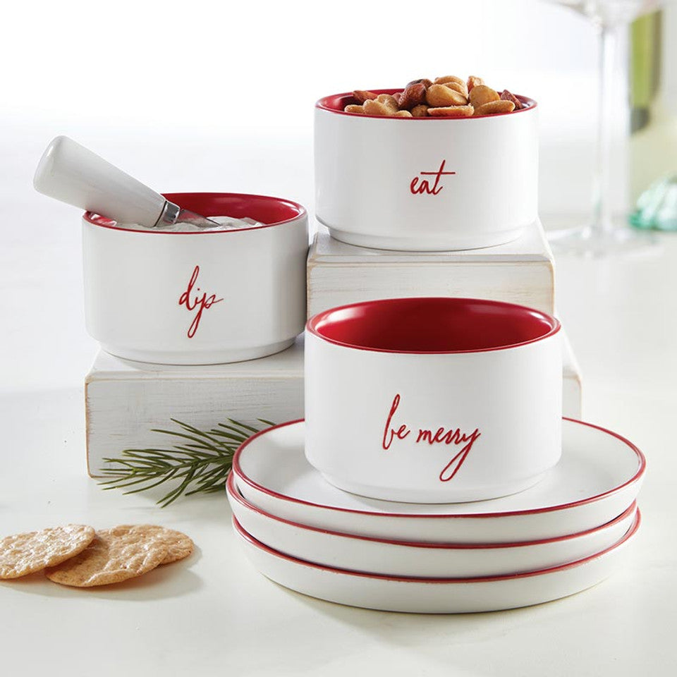 Set/3 Face to Face Ceramic Bowls - Eat, Dip, Be Merry