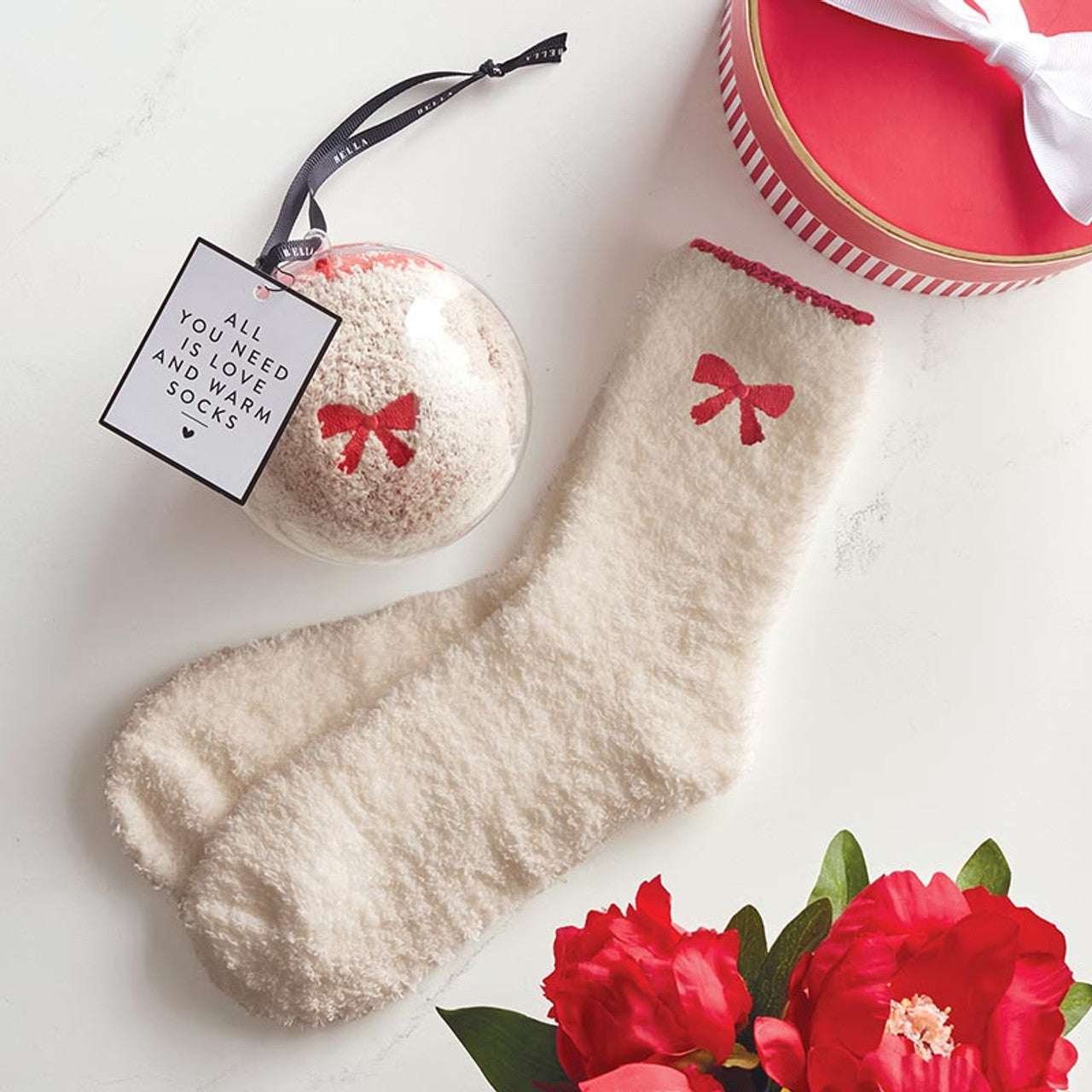 Cozy Socks in Ornament - Blush with Red Bow/Trim