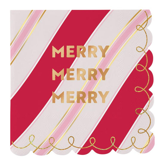 Pack/20 Foil Scallop 'Merry Merry Merry' Red Candy Cane Stripe Napkins