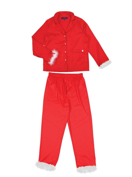 Adult Red Silky Pajamas with Feather Trim