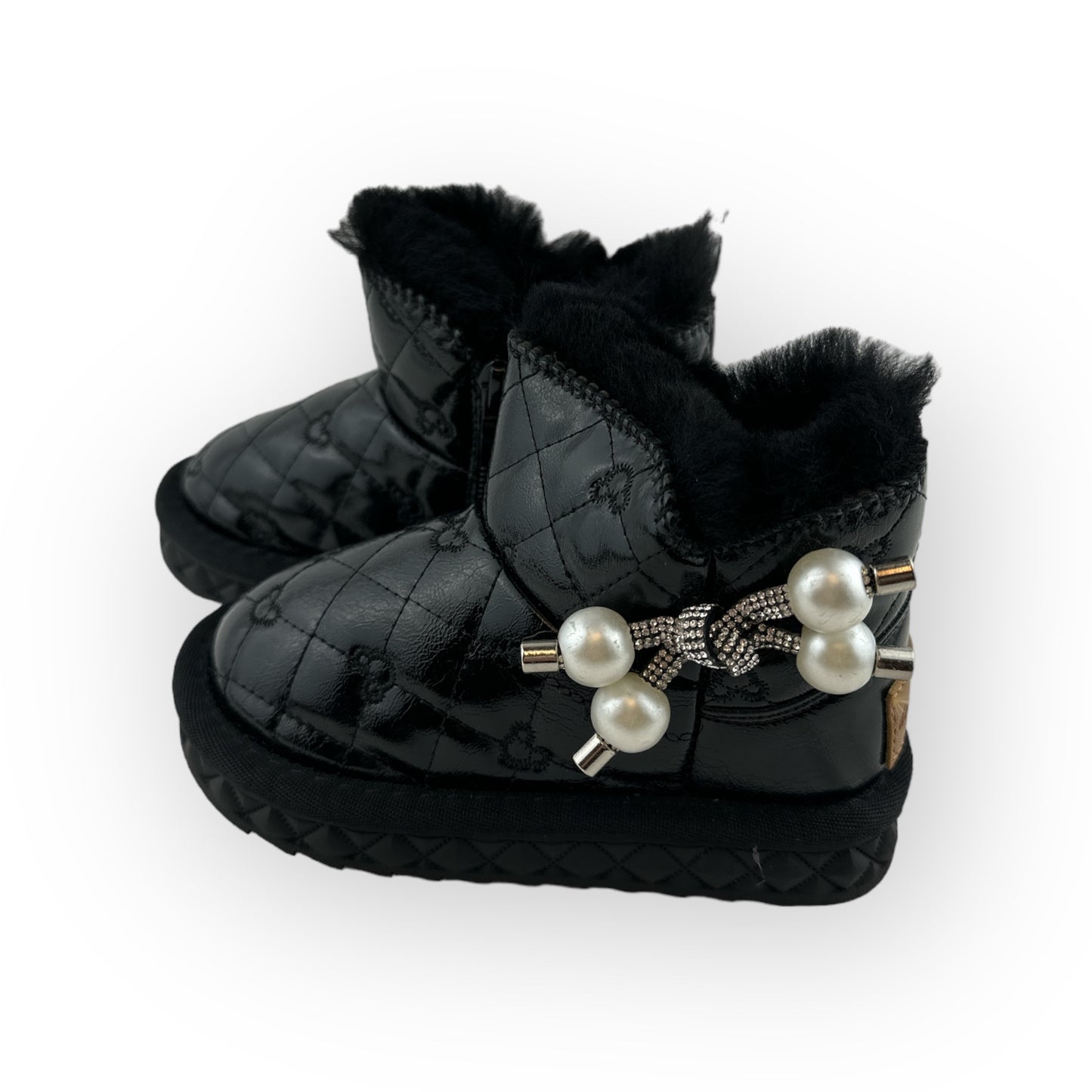Fur Trim Pearl Charm Quilted Boots