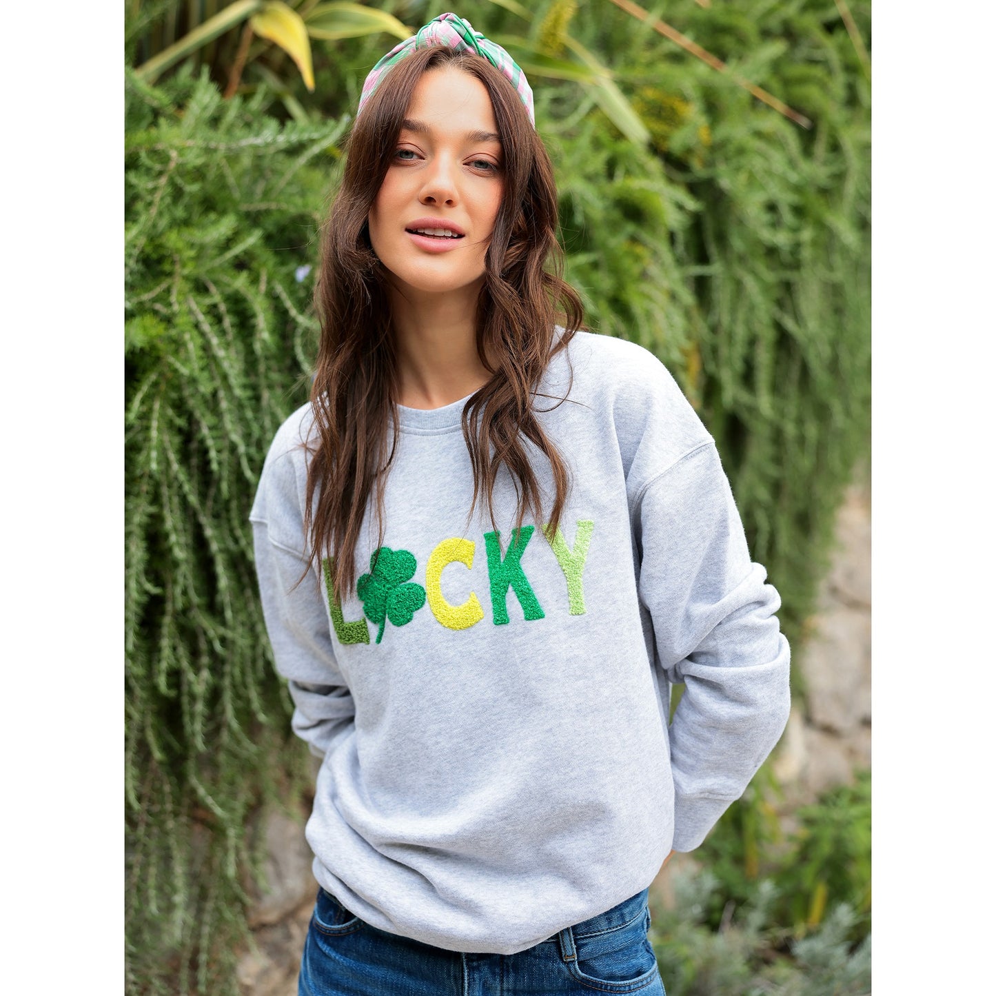 Lucky Grey Sweatshirt with Chenille Patches