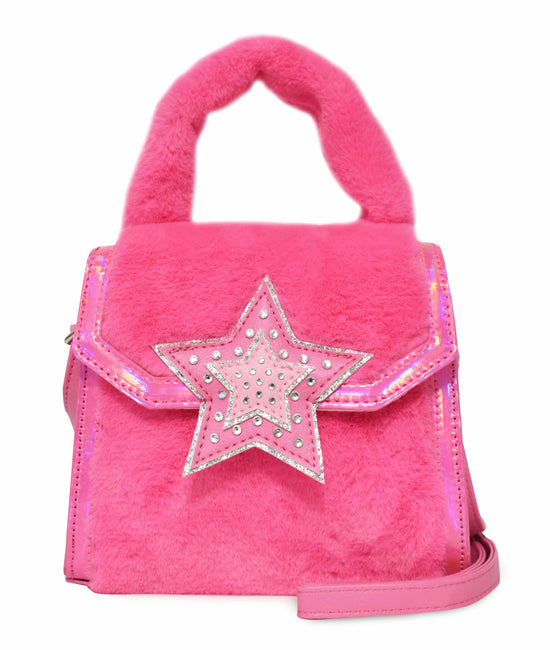 Rhinestone Star Pink Plush Mini Top Handle Bag