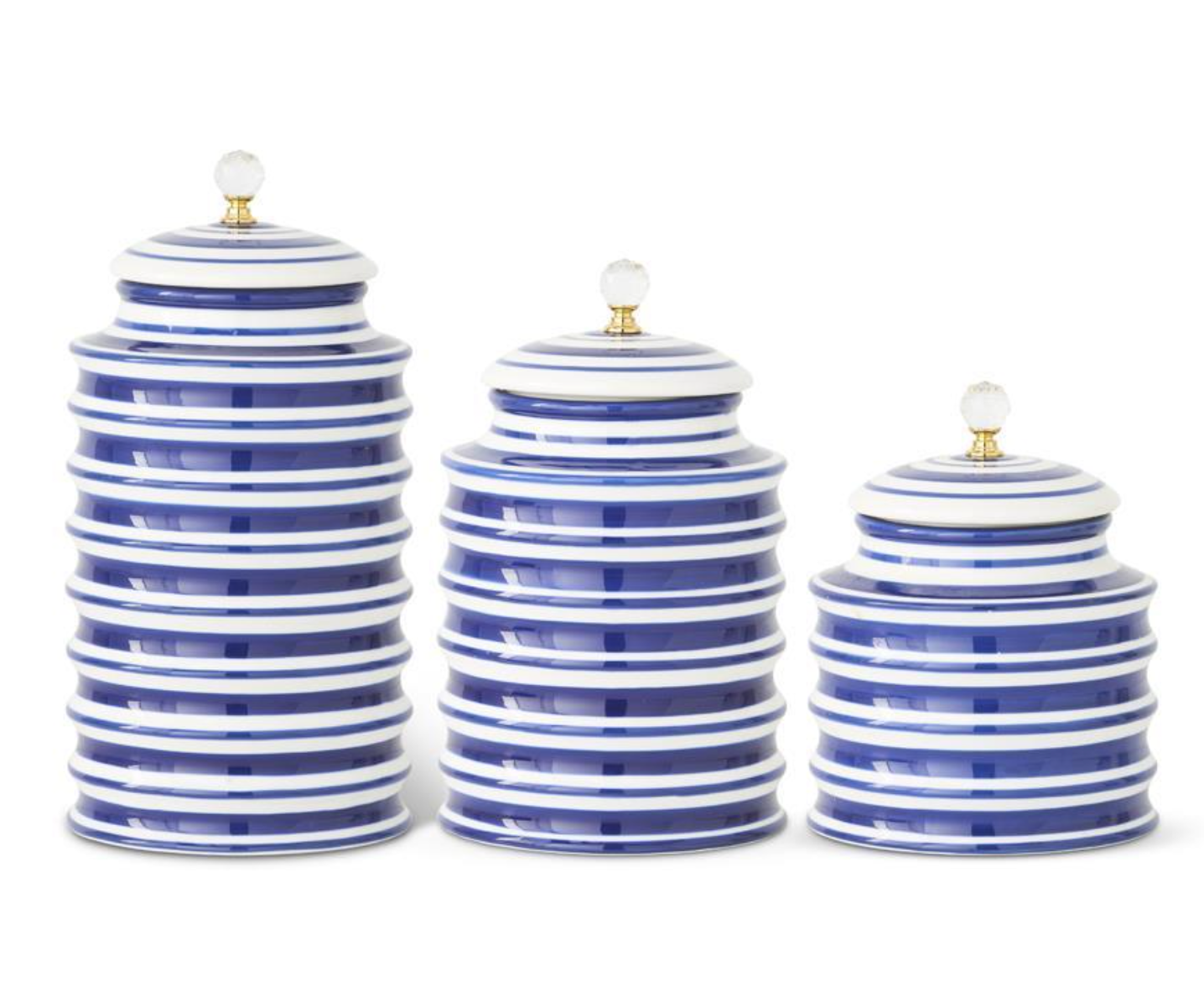 Blue & white Striped Porcelain Canisters with Clear Jeweled Lid Handle