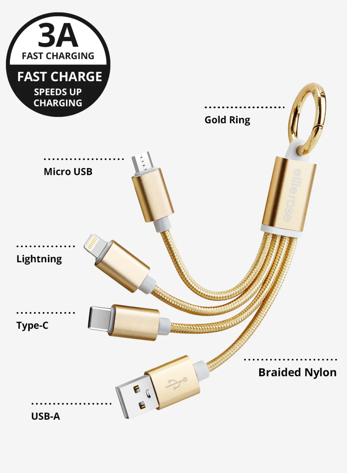 Gold 3-in-1 Charging Cable Keychain