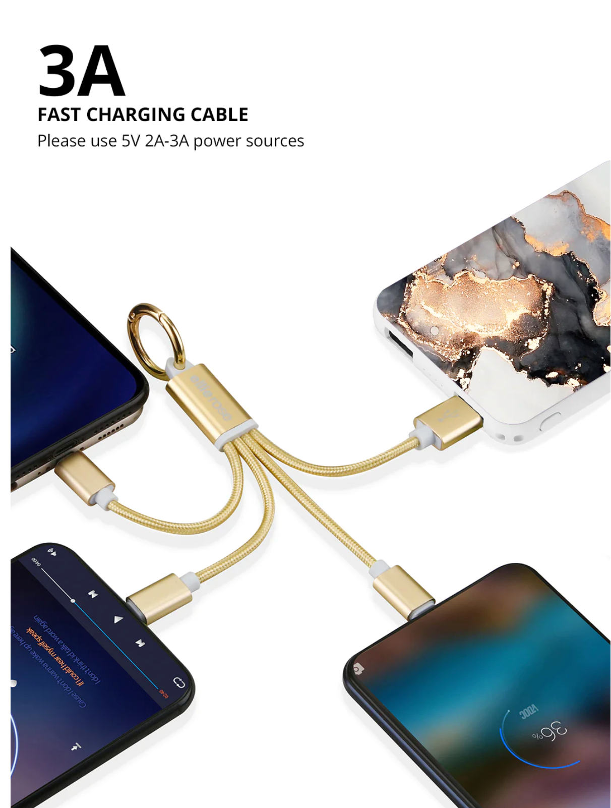 Gold 3-in-1 Charging Cable Keychain