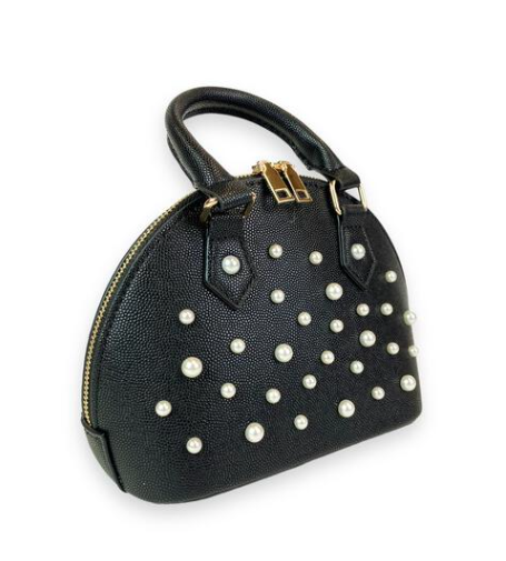 Pearl Studs Black Leather Satchel Bag