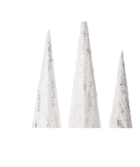 Set/3 White fur brushed Silver Cone Trees