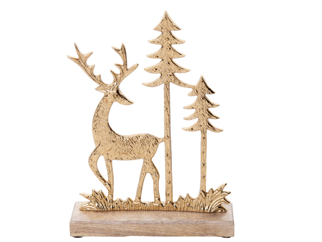 Gold Metal Cast Deer & Tree Scene Decoration with Wooden Base