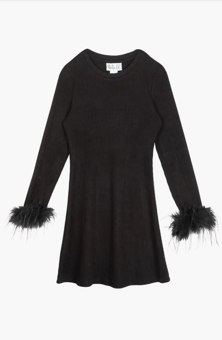 Faux Feather Trim Long Sleeve Rib Sweater Dress