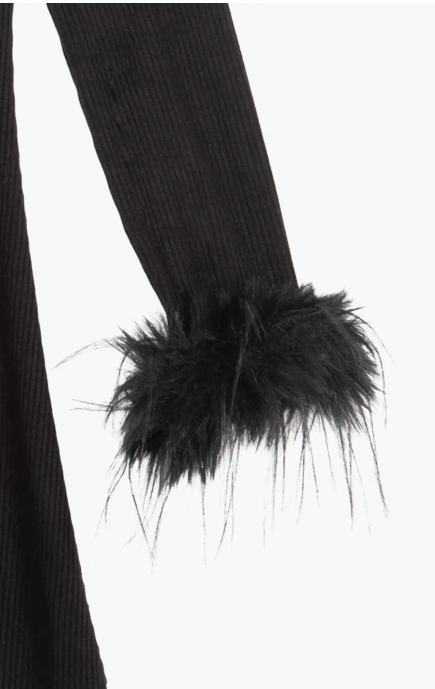 Faux Feather Trim Long Sleeve Rib Sweater Dress