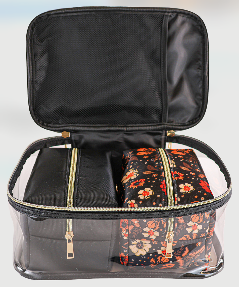 Set/3 Costmetic Bag Set in Black Floral