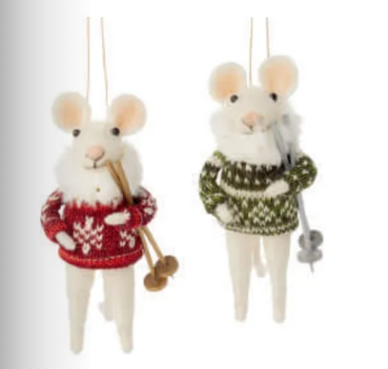 Felt Mouse Ornaments with Ski Poles In Knit Sweaters