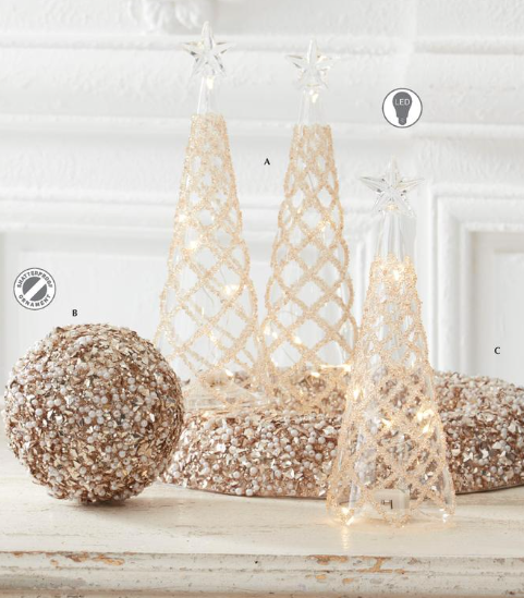 Clear Glass LED Trees w/Lattice Gold Beads