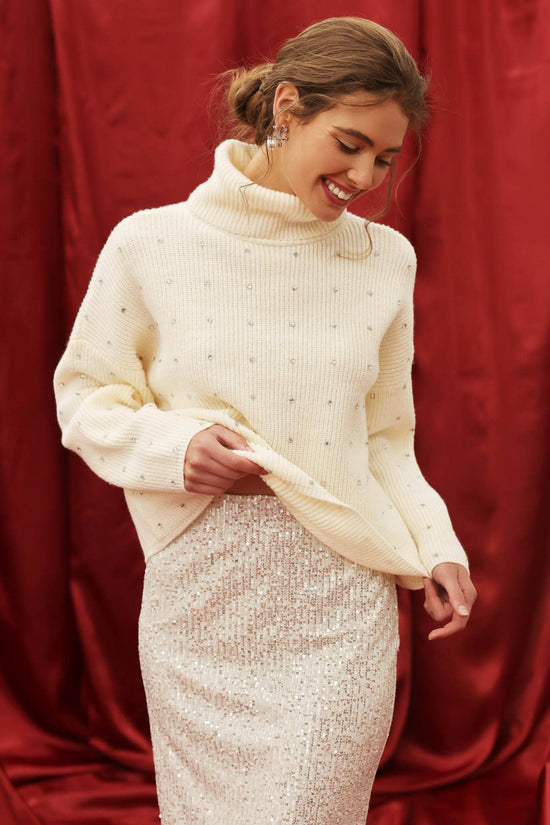 Ivory Rhinestone Embellished Turtleneck Sweater