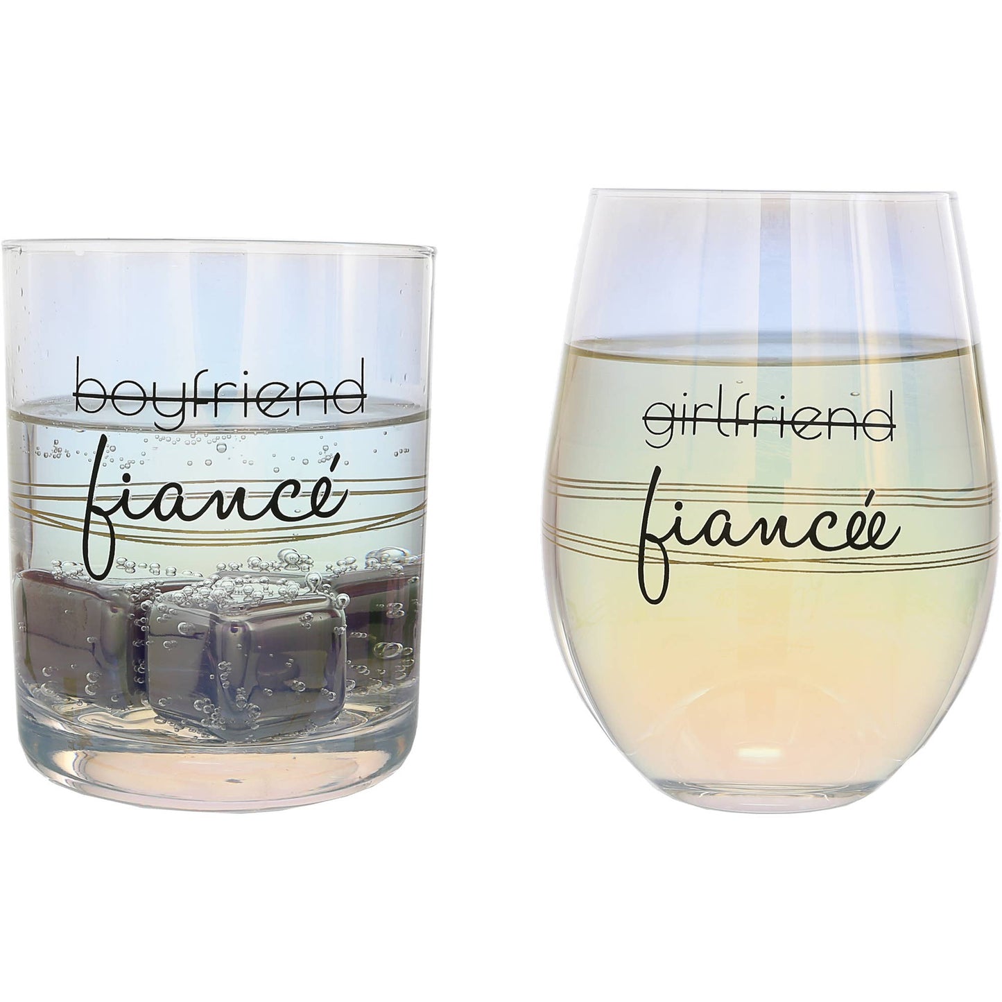 Set/2 Fiancé/Fiancée - 11 oz Rocks & 18 oz Stemless Wine Glass Set