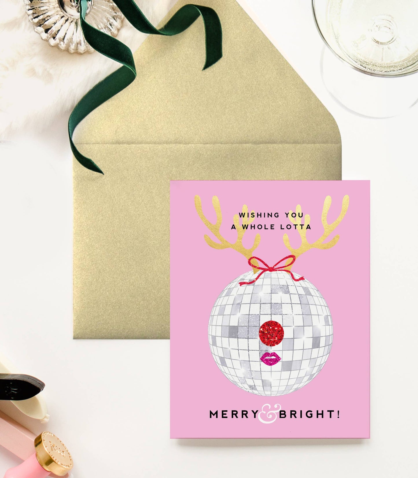 Merry & Bright Disco Ball Reindeer Christmas Greeting Card