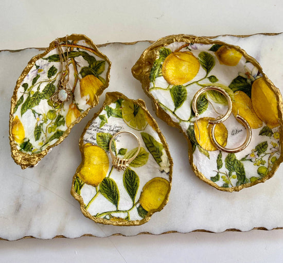 Small Lemon Print Oyster Shell Jewelry Dish