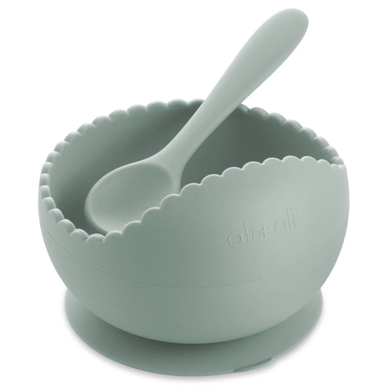 Silicone Suction Bowl & Spoon Set (WAVY): Sage
