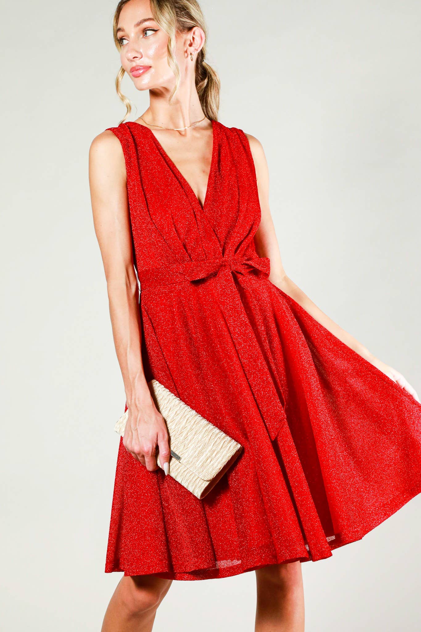 Surplice V-neck Sleeveless Tie Waist Dress: Red