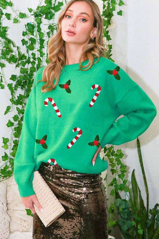 Candy Cane Sequin Detail Crew Neck Knit Sweater